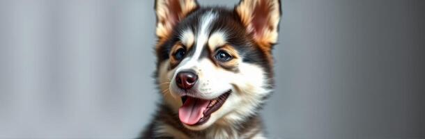 Happy puppy with a fluffy coat poses playfully against a neutral background in a cozy indoor setting photo