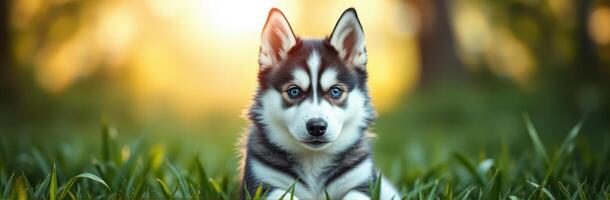 Siberian husky puppy relaxes in the grass during a golden sunset in a serene outdoor setting photo