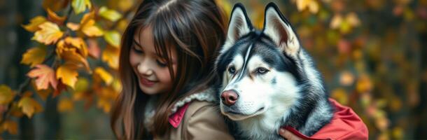 Girl enjoys autumn day with her husky dog surrounded by colorful leaves in a forest setting photo