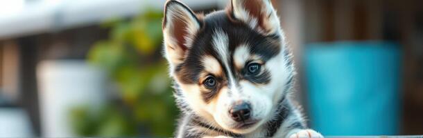 Playful husky puppy explores its surroundings in a cozy outdoor setting during golden hour photo