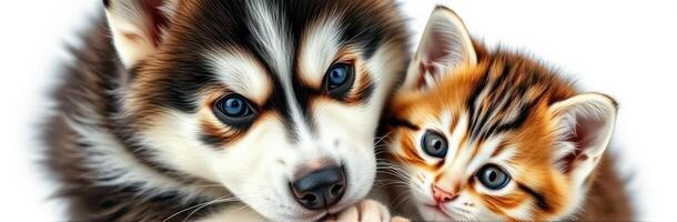 Cute puppy and kitten cuddling together in a soft and cozy setting during a sunny afternoon photo