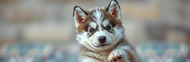 Cute puppy with distinctive markings playfully reaching out while sitting on patterned blanket indoors photo