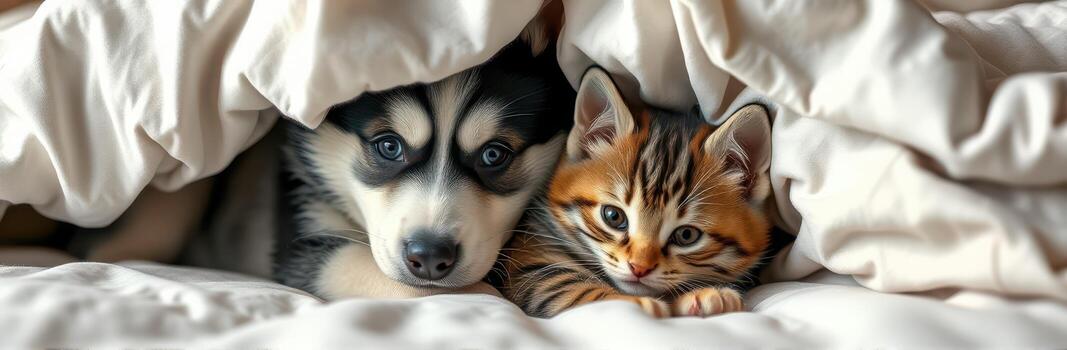 Siberian husky puppy cuddles with playful tabby kitten under cozy blanket photo