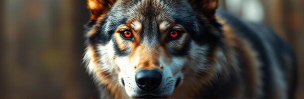 Majestic wolf gazing intensely in a forest setting during golden hour photo