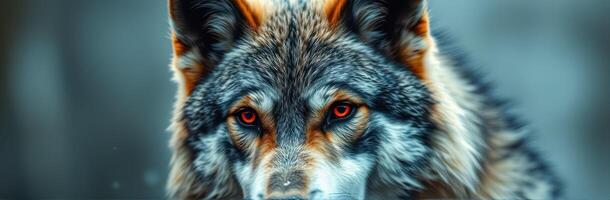 Majestic wolf with striking orange eyes captured in a serene, snowy forest during the late afternoon light photo