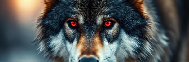 Wolf with intense gaze captures attention in forest setting at dusk photo