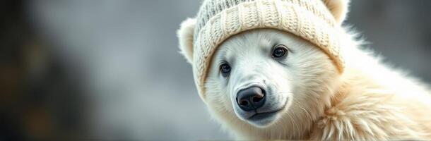 Cute polar bear wearing a knitted hat in a cold landscape during the winter season photo