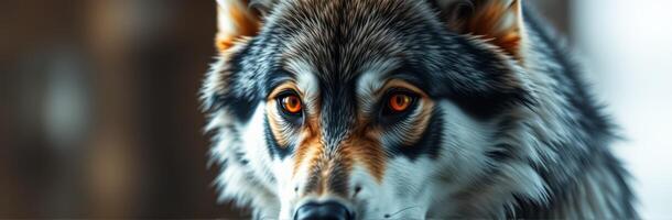 Majestic wolf with striking orange eyes gazes fiercely in a snowy forest during winter photo
