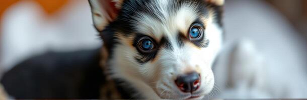 Husky puppy with striking blue eyes looking curiously at the camera indoors during daylight hours photo
