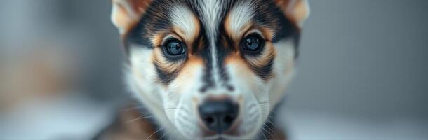 Beautiful husky puppy with striking blue eyes captured indoors during winter photo