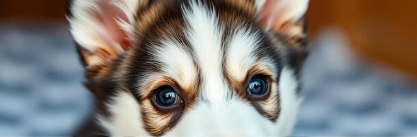Curious corgi puppy exploring its surroundings with bright blue eyes indoors during a cozy afternoon photo