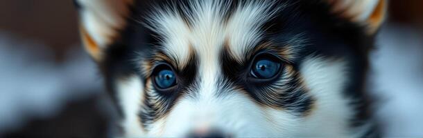 Close-up of a fluffy dog with striking blue eyes in a snowy outdoor setting during winter photo