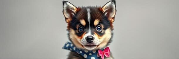 Cute puppy wearing a polka dot scarf and a bow tie poses for a close-up in a neutral background photo