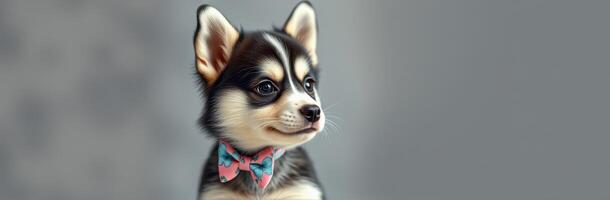Cute puppy wearing a colorful bow tie poses for a portrait against a soft gray background photo