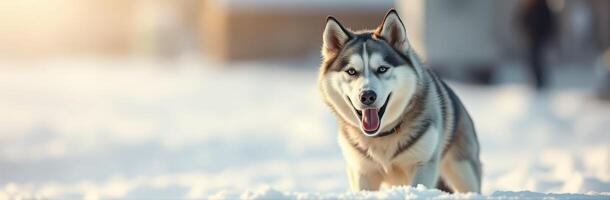 Husky runs joyfully through fresh snow at sunset in a winter wonderland photo