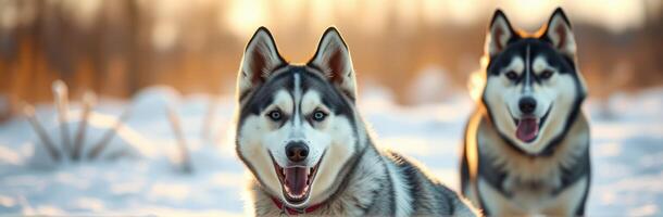 Huskies play in the snow during the golden hour at a winter wonderland location photo