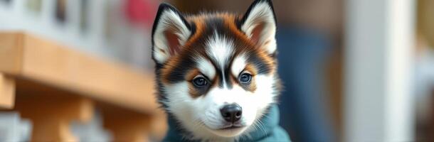 Adorable puppy with striking fur pattern enjoying a moment indoors during a sunny afternoon photo