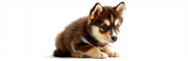 Playful puppy with striking blue eyes sits on a light background ready for adventure photo