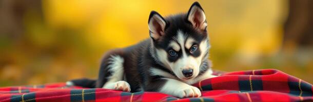 Playful husky puppy rests on red plaid blanket in a sunny outdoor park during autumn afternoon photo