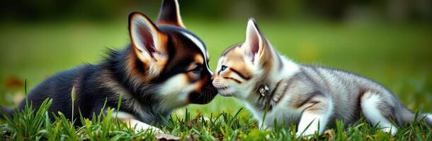 Adorable dog and cat share a sweet moment on a sunny day in a grassy park photo