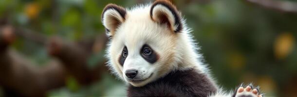 Adorable panda cub resting on a log amidst lush greenery in a wildlife reserve during daylight hours photo