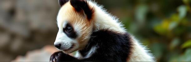 Cute panda cub resting in a lush environment at a wildlife sanctuary during daylight hours photo