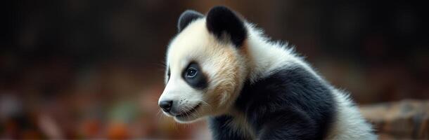 Cute panda cub resting in a tranquil forest setting during the afternoon sunlight photo
