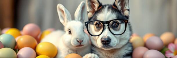 Playful puppy and bunny celebrate spring surrounded by colorful eggs in a cheerful setting photo