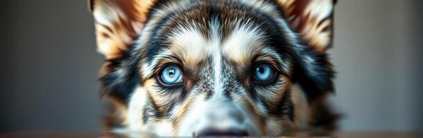 Close-up view of a dog with striking blue eyes looking curiously from behind a surface indoors photo