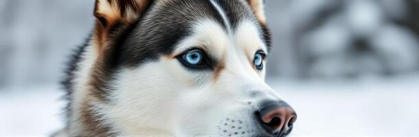 Husky dog with striking blue eyes resting in a winter landscape surrounded by snow photo