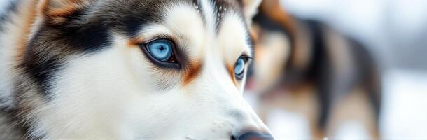 Beautiful husky with striking blue eyes stands in snowy landscape showcasing its stunning features against the winter backdrop photo