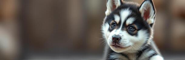 Cute husky puppy with striking blue eyes resting and looking inquisitively at the camera in a cozy indoor setting photo