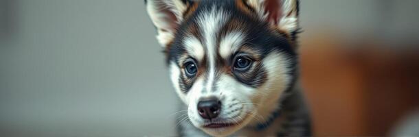 Curious husky puppy looking straight at the camera indoors during playtime photo