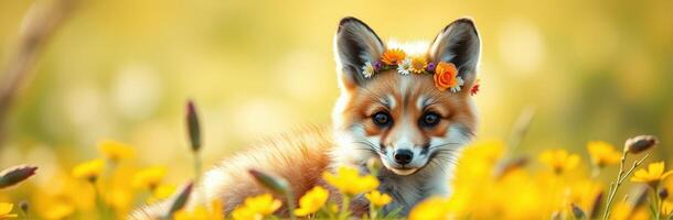 Adorable fox with a flower crown poses among vibrant yellow flowers in a sunny meadow photo