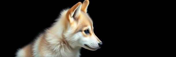 Portrait of a fluffy corgi puppy looking curiously in a dark environment with a striking profile photo