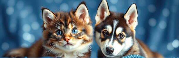 Adorable kitten and puppy duo against a sparkling blue background presenting a moment of friendship photo
