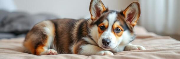 Corgi puppy relaxing on a cozy bed in a bright room during the day photo