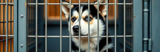 Black and white corgi puppy looks through the bars of a cage in an animal shelter waiting for a new home photo