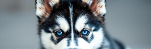 Close-up of a husky puppy with striking blue eyes gazing attentively in a softly lit indoor space photo