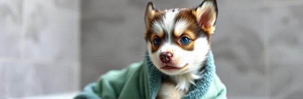 Cute puppy in a cozy robe sits in a bright bathroom with soft tiles enjoying a moment of relaxation and comfort photo