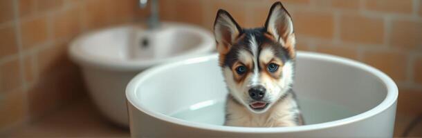 Cute puppy enjoying a bath in a modern bathroom with neutral-toned tiles and a stylish basin photo
