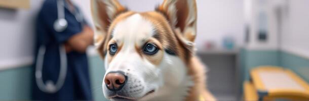 Husky dog at veterinary clinic getting checked by a veterinarian during a routine health examination in a modern facility photo