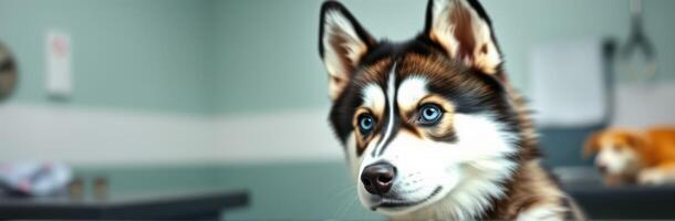 Husky puppy with striking blue eyes sits calmly in a veterinary clinic during a routine check-up session photo