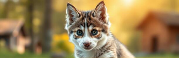 A curious kitten explores a vibrant outdoor setting during the golden hour with soft sunlight filtering through trees photo