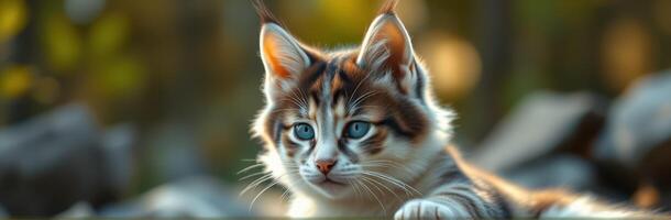 Maine kitten explores a stone garden under warm sunlight during early afternoon photo