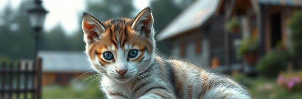 Cute young cat with bright blue eyes sits on a fence in front of a rustic cabin surrounded by greenery during a sunny day photo