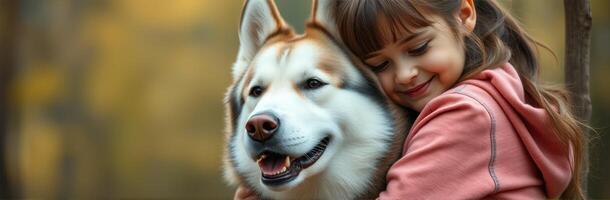 Young girl enjoys a heartfelt moment with her playful husky in the forest during autumn photo
