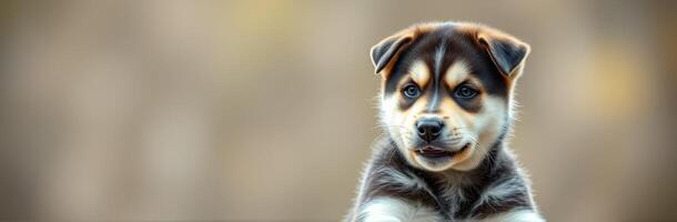 Cute puppy with fluffy fur poses playfully in a warm outdoor setting during the golden hour light photo