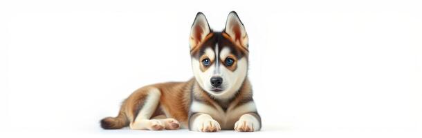 Cute husky puppy lying on a white background with bright blue eyes and distinctive fur patterns photo