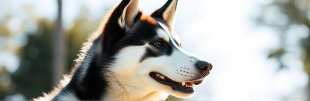 Siberian husky enjoying a sunny day outdoors in the park amid trees and nature photo